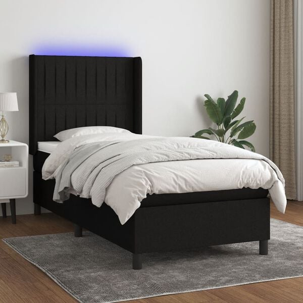 vidaXL Cama box spring c/ colch&atilde;o e LED 90x190 cm tecido preto