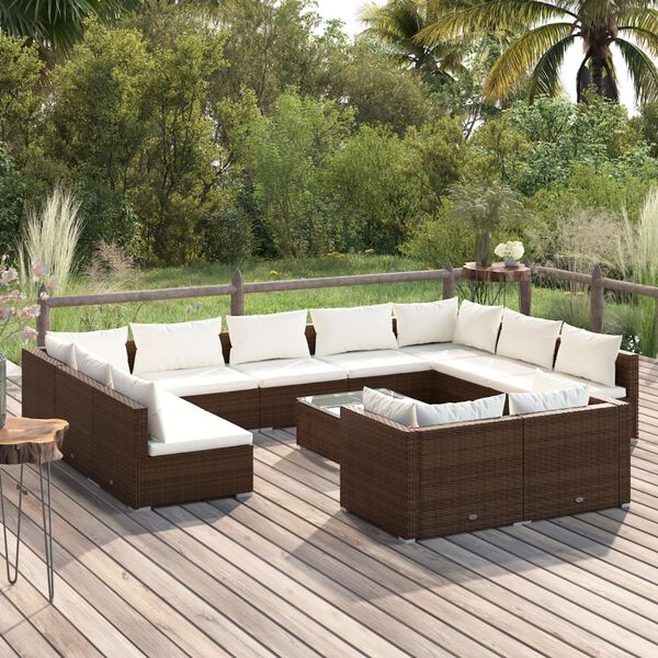 vidaXL 12 pcs conjunto lounge jardim c/ almofad&otilde;es vime PE castanho