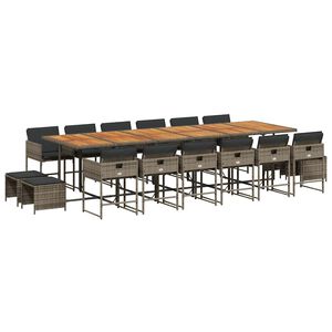 vidaXL 17 pcs conj. de jantar p/ jardim c/ almofad&otilde;es vime PE cinzento