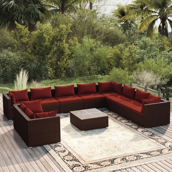 vidaXL 11 pcs conjunto lounge jardim c/ almofad&otilde;es vime PE castanho