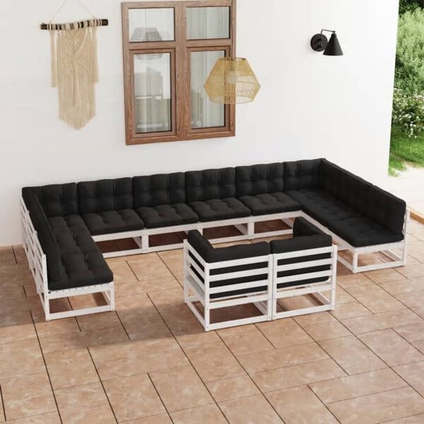 vidaXL 12 pcs conj. lounge de jardim c/ almofad&otilde;es pinho maci&ccedil;o branco