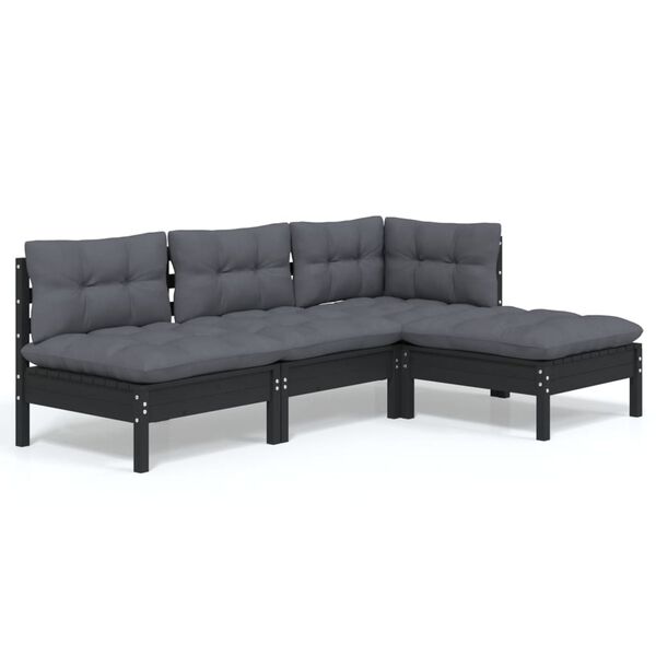 vidaXL 4 pcs conjunto lounge de jardim c/ almofad&otilde;es pinho preto