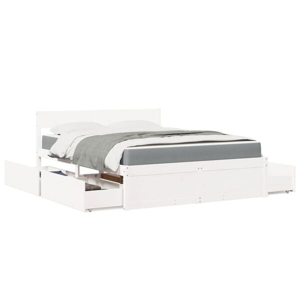 vidaXL Cama com gavetas e colch&atilde;o 140x200 cm pinho maci&ccedil;o branco