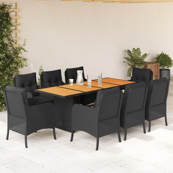 vidaXL 9 pcs conjunto de jantar p/ jardim c/ almofad&otilde;es vime PE preto