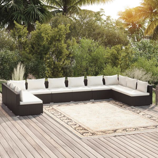 vidaXL 10 pcs conjunto lounge de jardim c/ almofad&otilde;es vime PE preto
