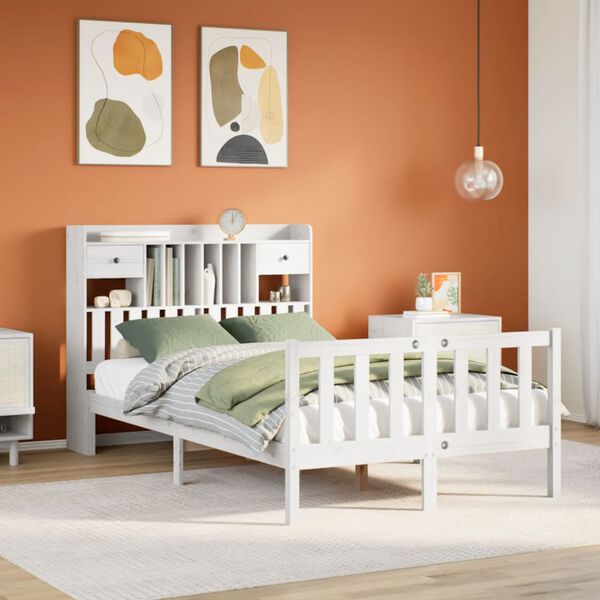 vidaXL Cama com estante sem colchão 135x190 cm pinho maciço branco