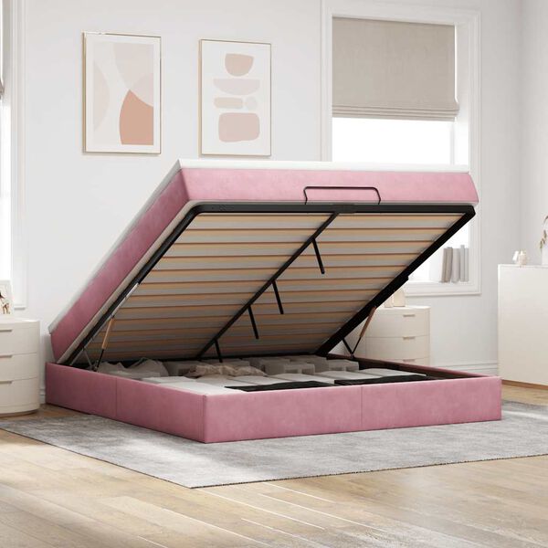 vidaXL Estrutura de cama otomana com colch&atilde;o 160x200 cm veludo rosa