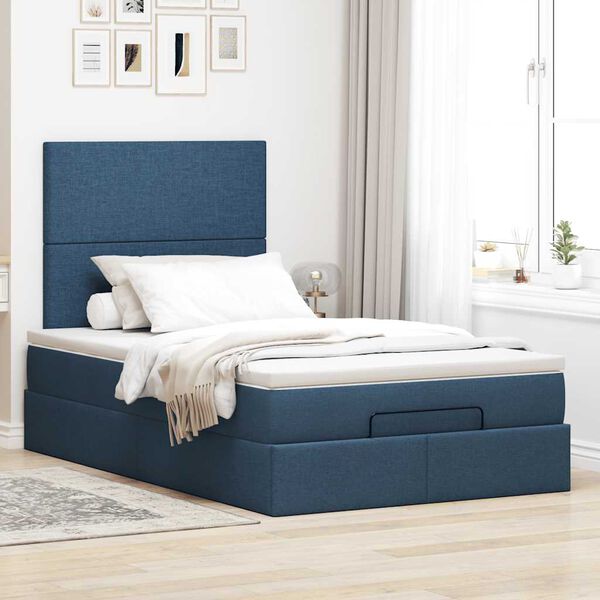 vidaXL Estrutura de cama otomana com colch&atilde;o 120x200 cm tecido azul