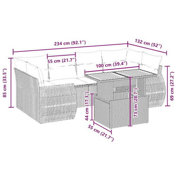 vidaXL 7 pcs conjunto de sof&aacute;s p/ jardim com almofad&otilde;es vime PE bege