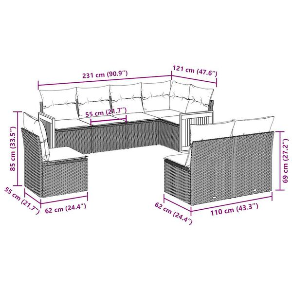 vidaXL 8 pcs conjunto sof&aacute;s de jardim com almofad&otilde;es vime PE preto