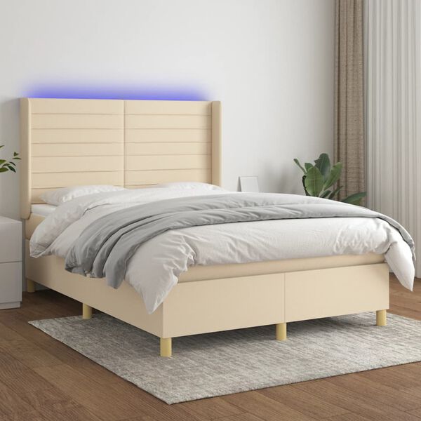 vidaXL Cama box spring c/ colch&atilde;o e LED 140x190 cm tecido cor creme
