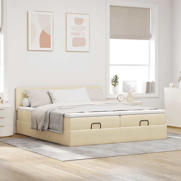 vidaXL Estrutura de cama otomana com colch&otilde;es tecido creme 160x200cm
