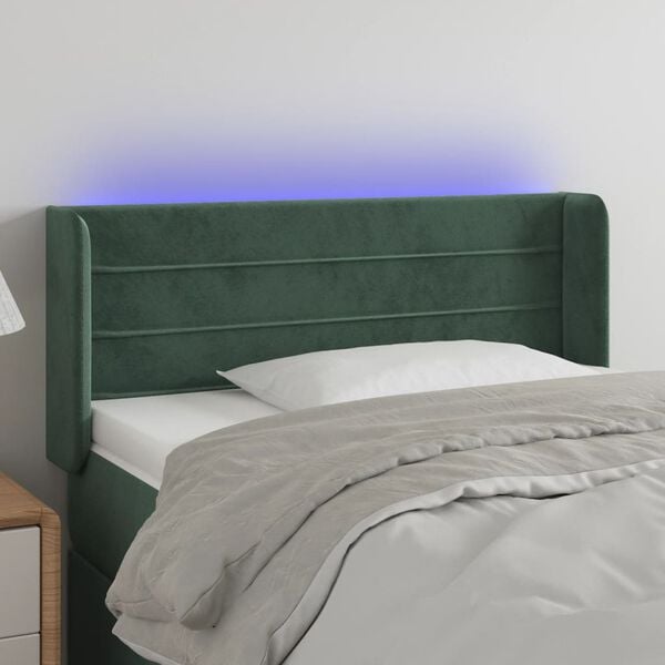 vidaXL Cabeceira cama c/ luzes LED veludo 93x16x78/88 cm verde-escuro