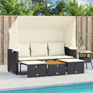 vidaXL Sof&aacute; de jardim de 3 lugares com toldo e bancos vime PE preto
