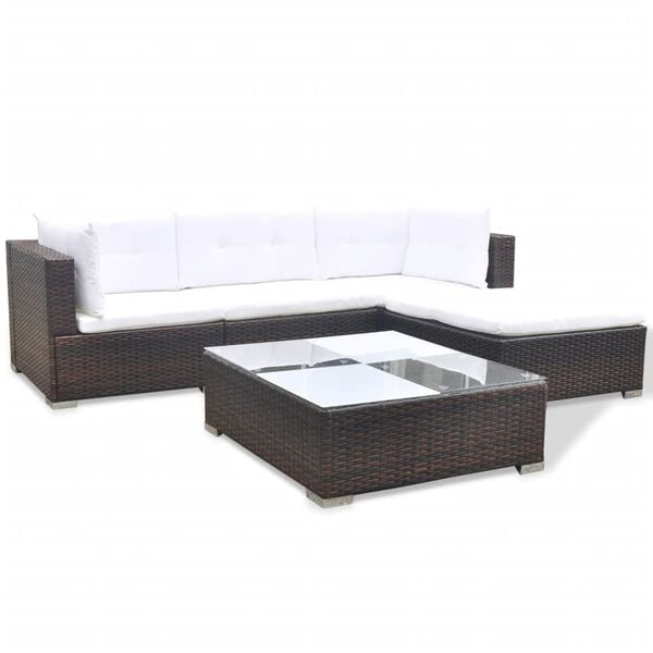 vidaXL 5 pcs conjunto lounge jardim c/ almofad&otilde;es vime PE castanho
