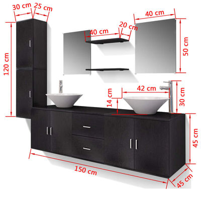 vidaXL Conjunto móveis casa de banho 11 pcs com bacia e torneira preto