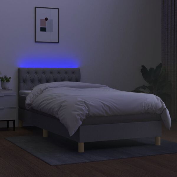 vidaXL Cama box spring c/ colch&atilde;o e LED 90x200 cm tecido cinza-claro