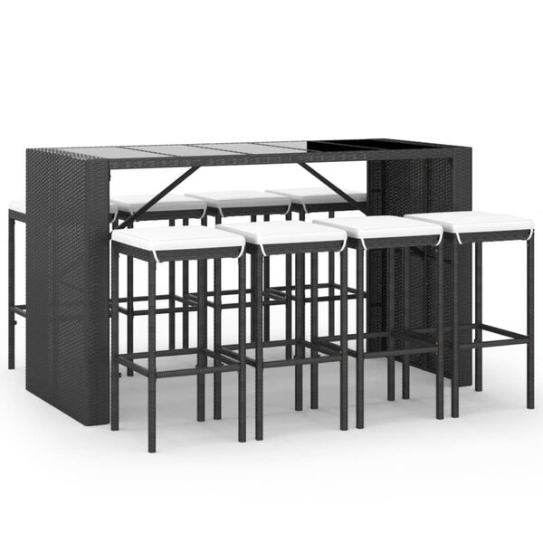 vidaXL 9 pcs conjunto de bar para jardim c/ almofad&otilde;es vime PE preto