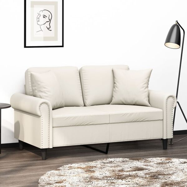 vidaXL Sof&aacute; 2 lugares c/ almofadas/almofad&otilde;es 120cm couro artif. creme