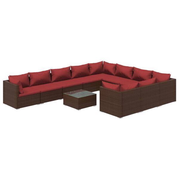 vidaXL 11 pcs conjunto lounge jardim c/ almofad&otilde;es vime PE castanho