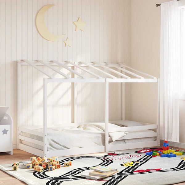 vidaXL Cama infantil com telhado 90x200 cm pinho maci&ccedil;o branco