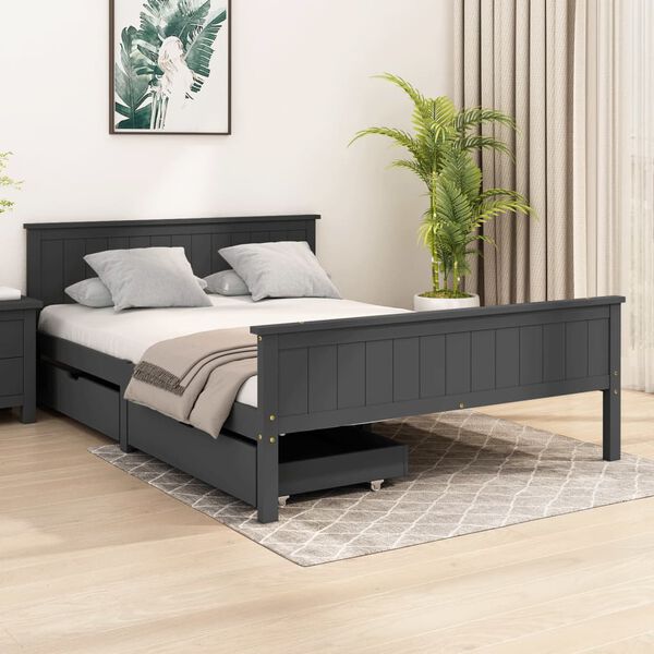 vidaXL Estrutura cama c/ 2 gavetas 140x200cm pinho maci&ccedil;o cinza-escuro