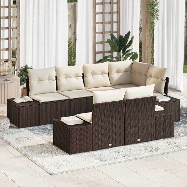 vidaXL Conjunto de Sof&aacute; de Jardim 7 pcs Marrom e Creme vime PE