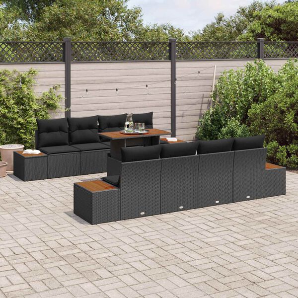 vidaXL Conjunto de Sof&aacute; de Jardim 9 pcs Preto Rattan Sint&eacute;tico