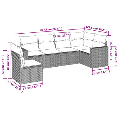 vidaXL 6 pcs conjunto de sofás p/ jardim com almofadões vime PE bege