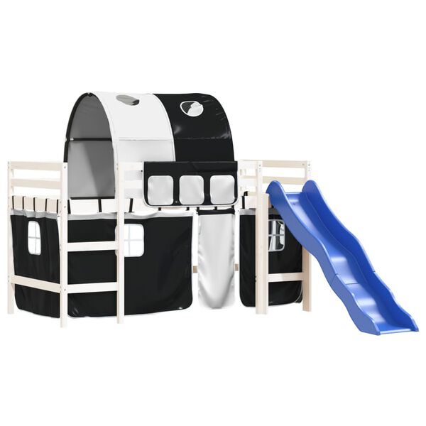 vidaXL Cama alta criança c/ túnel 90x190 cm pinho maciço branco/preto