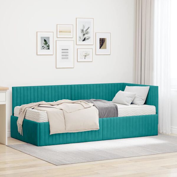 vidaXL Estrutura de Cama de Canto com Colch&atilde;o 2 pcs Turquesa Veludo