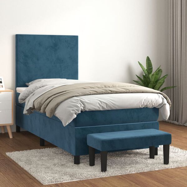 vidaXL Cama com molas/colch&atilde;o 100x200 cm veludo azul-escuro