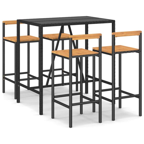 vidaXL 5 pcs conjunto de bar p/ jardim vime PE/ac&aacute;cia maci&ccedil;a preto