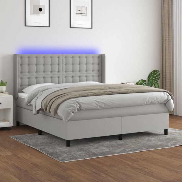 vidaXL Cama box spring c/ colch&atilde;o e LED 160x200 cm tecido cinza-claro