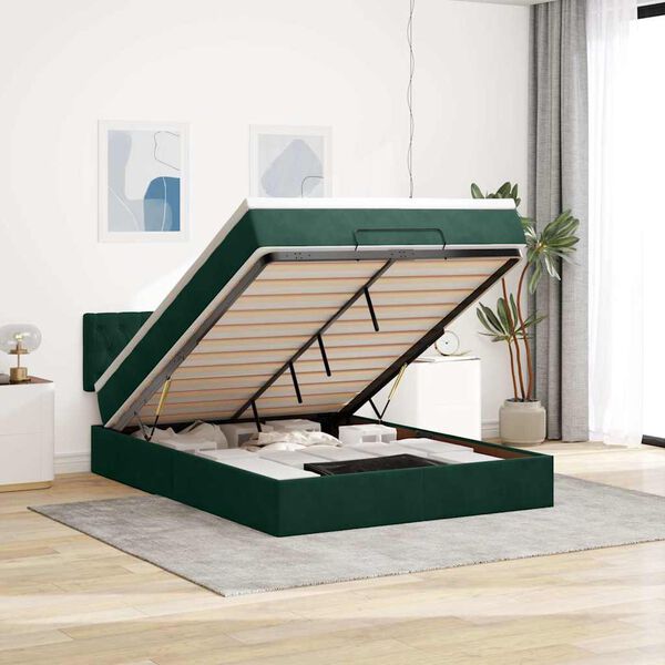 vidaXL Estrutura de cama otomana com colch&atilde;o 140x200 cm verde escuro