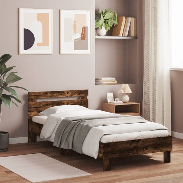 vidaXL Estrutura cama c/ cabeceira/luzes LED 75x190 cm carvalho fumado