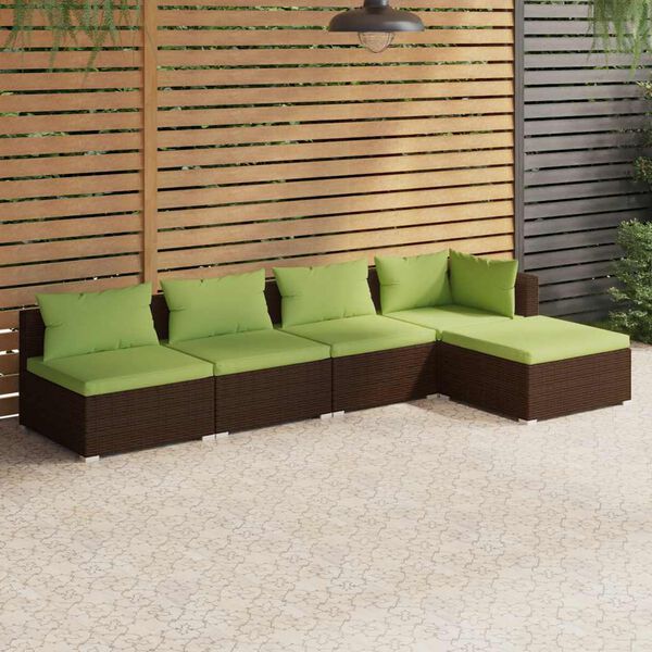 vidaXL 5 pcs conjunto lounge jardim c/ almofadões vime PE castanho