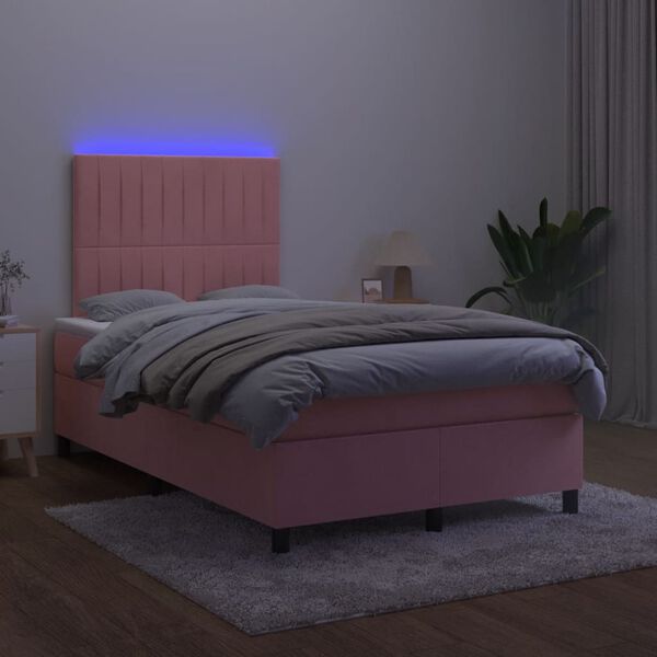 vidaXL Cama box spring c/ colch&atilde;o luzes e LED 120x190 cm veludo rosa
