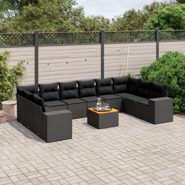 vidaXL 11 pcs conjunto sof&aacute;s de jardim c/ almofad&otilde;es vime PE preto