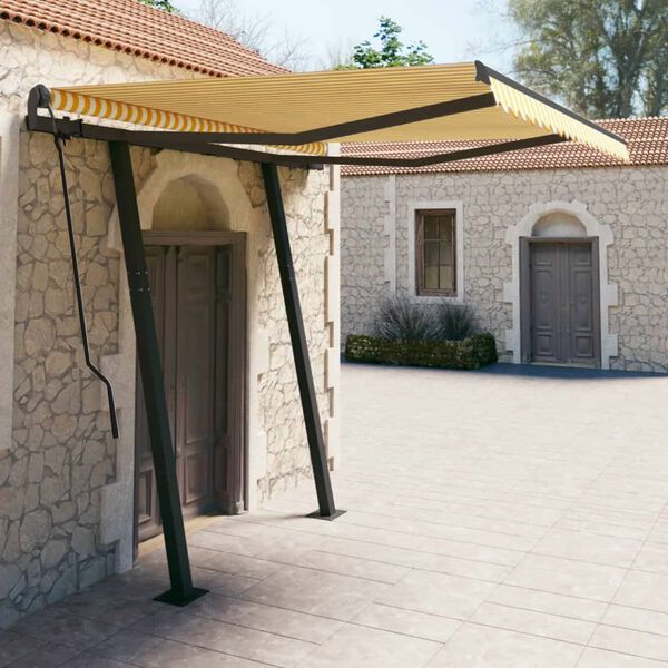 vidaXL Toldo retr&aacute;til autom&aacute;tico com postes 3,5x2,5 m amarelo e branco