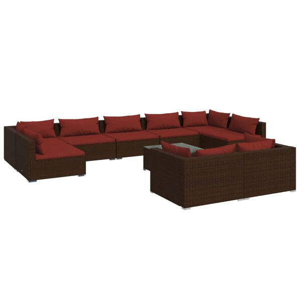 vidaXL 10 pcs conjunto lounge jardim c/ almofad&otilde;es vime PE castanho