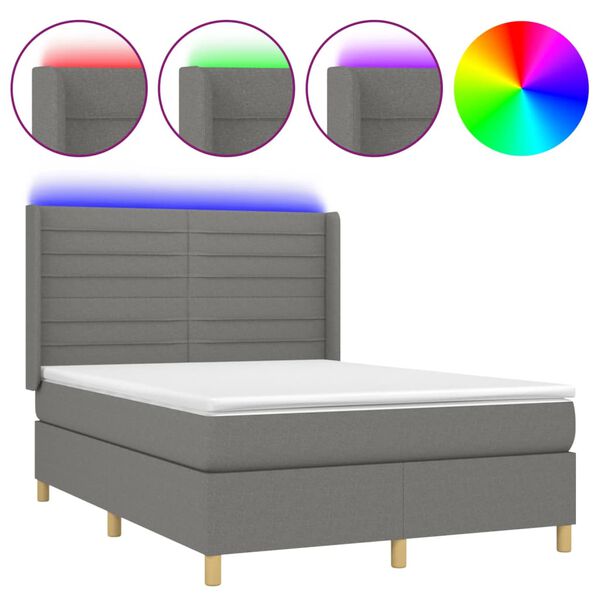 vidaXL Cama box spring c/ colch&atilde;o e LED 140x200 cm tecido cinza-escuro
