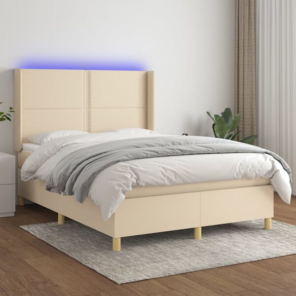 vidaXL Cama box spring c/ colch&atilde;o e LED 140x190 cm tecido cor creme