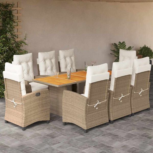 vidaXL 9 pcs conjunto de jantar p/ jardim com almofad&otilde;es vime PE bege