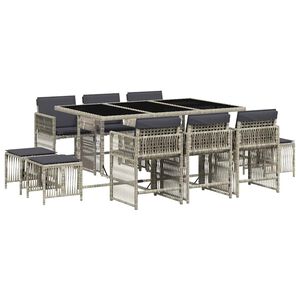 vidaXL 11 pcs conjunto jantar p/ jardim c/ almofad&otilde;es vime PE cinzento