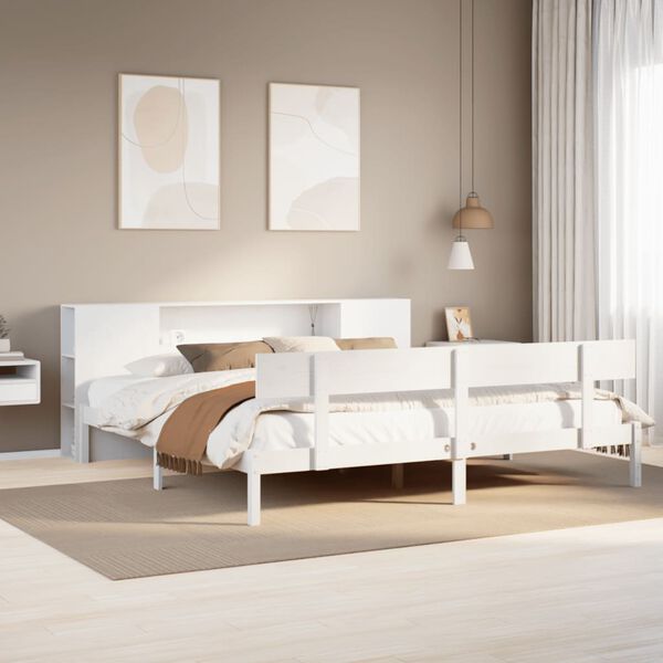 vidaXL Cama com estante sem colch&atilde;o 200x200 cm pinho maci&ccedil;o branco