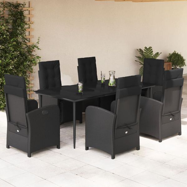 vidaXL 7 pcs conjunto de jantar p/ jardim c/ almofad&otilde;es vime PE preto