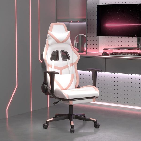 vidaXL Cadeira gaming massagens c/ apoio p&eacute;s couro artif. branco/rosa