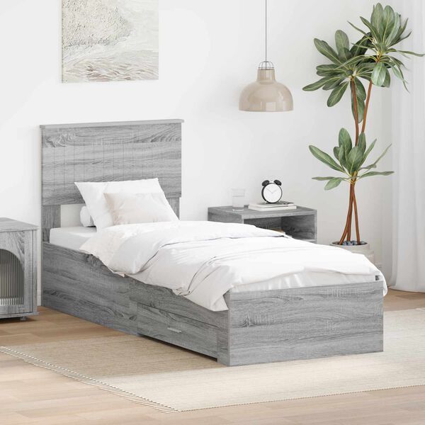 vidaXL Estrutura da Cama com gaveta Cinza Sonoma e Prata 75 x 190 cm