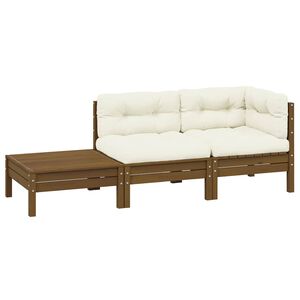 vidaXL 3 pcs conjunto lounge jardim c/ almofad&otilde;es creme pinho maci&ccedil;o
